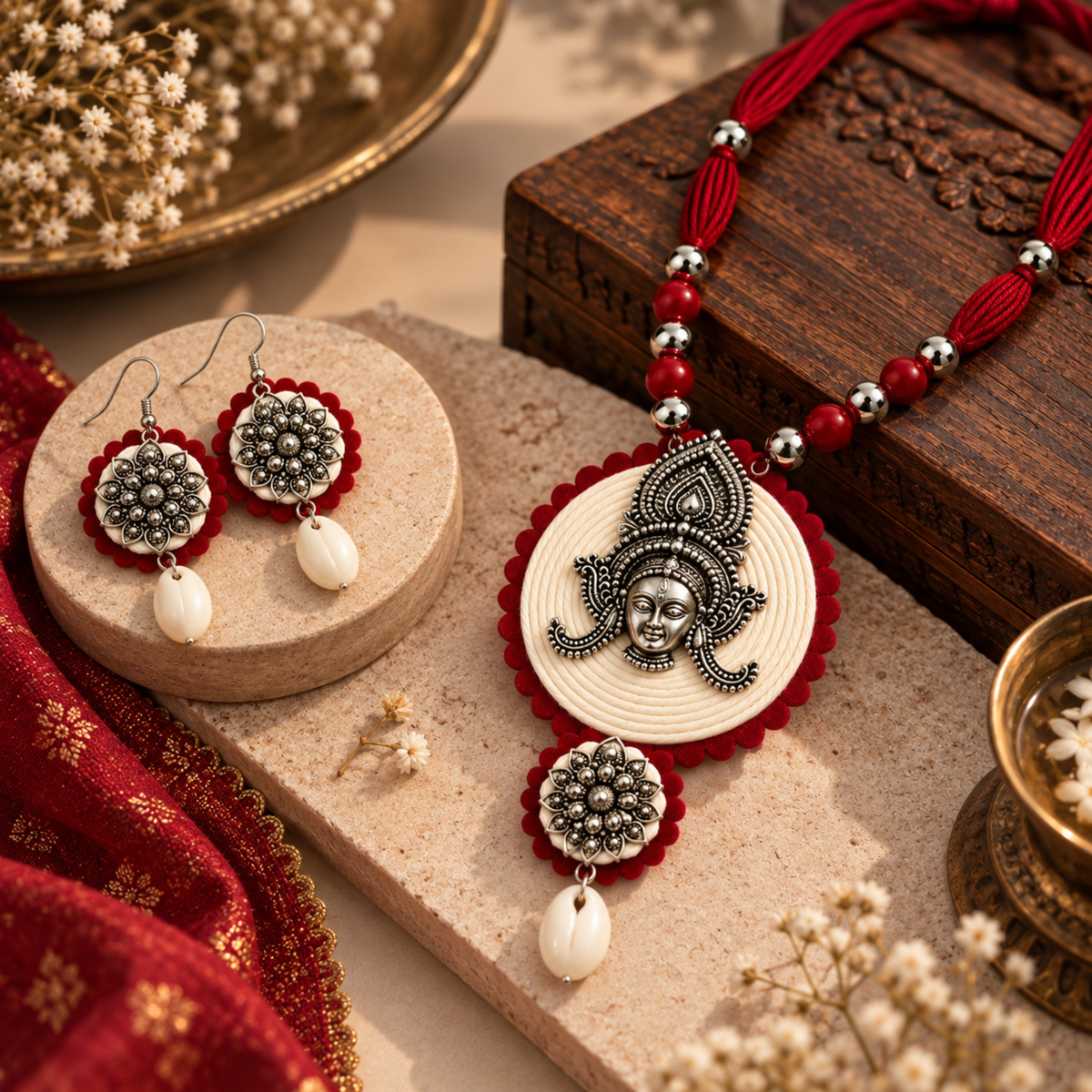 Navratri Red Bead Medallion Oxidised Necklace Set - view 4