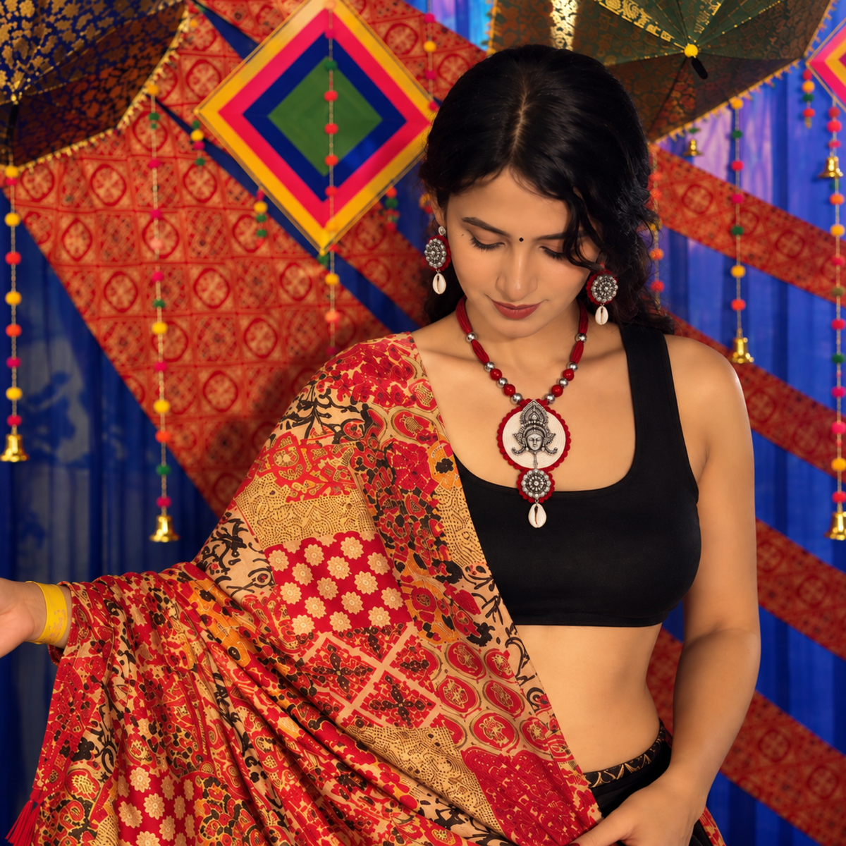 Navratri Red Bead Medallion Oxidised Necklace Set - view 5