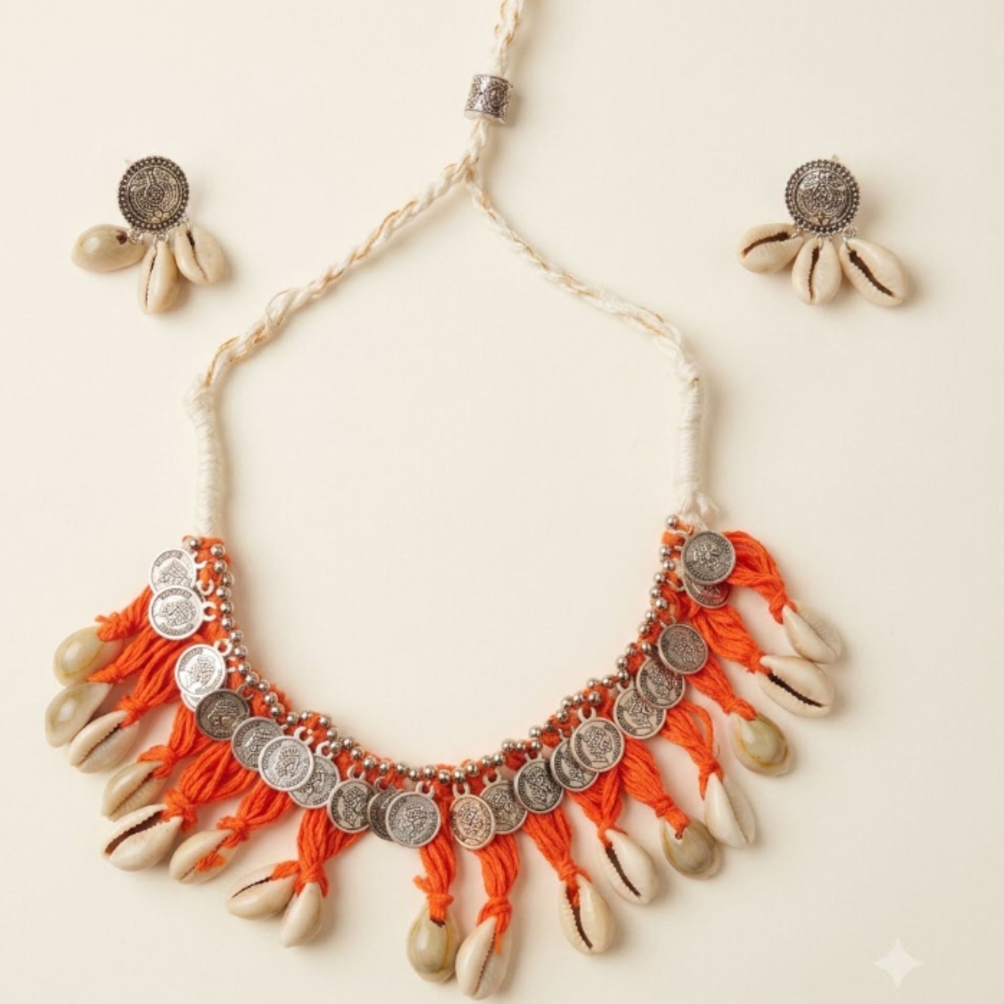 Navratri Cowrie Shell Coin Oxidised Necklace Set - view 1