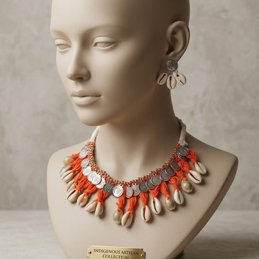 Navratri Cowrie Shell Coin Oxidised Necklace Set - view 2
