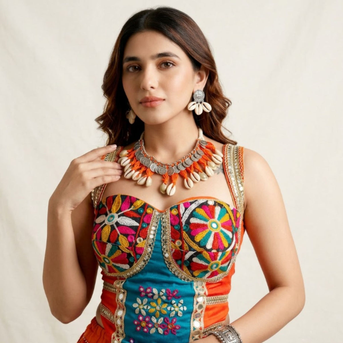 Navratri Cowrie Shell Coin Oxidised Necklace Set - view 4