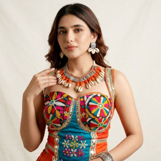Navratri Cowrie Shell Coin Oxidised Necklace Set - view 4