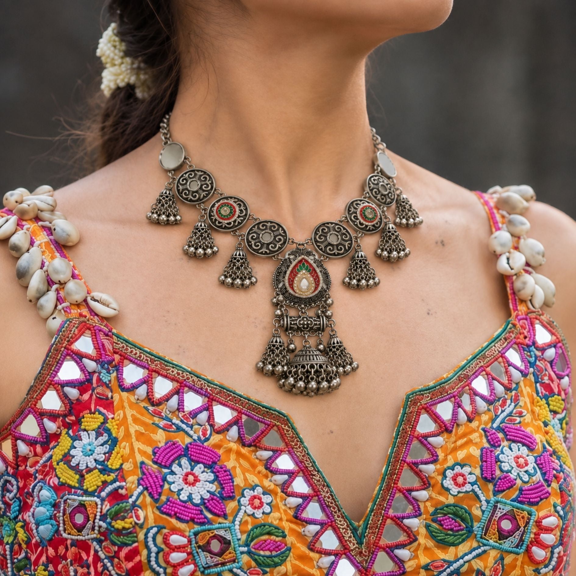Navratri Multicolour Jhumka Oxidised Choker Set - view 1