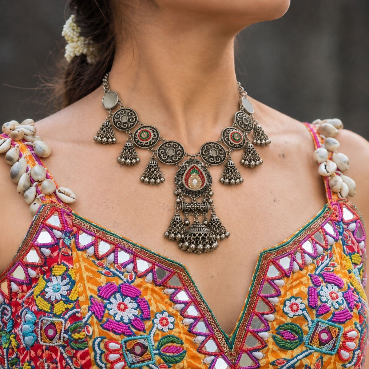 Navratri Multicolour Jhumka Oxidised Choker Set - view 1