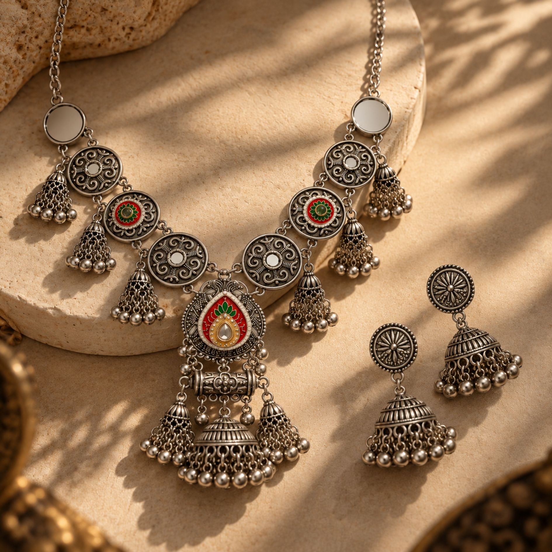 Navratri Multicolour Jhumka Oxidised Choker Set - view 3