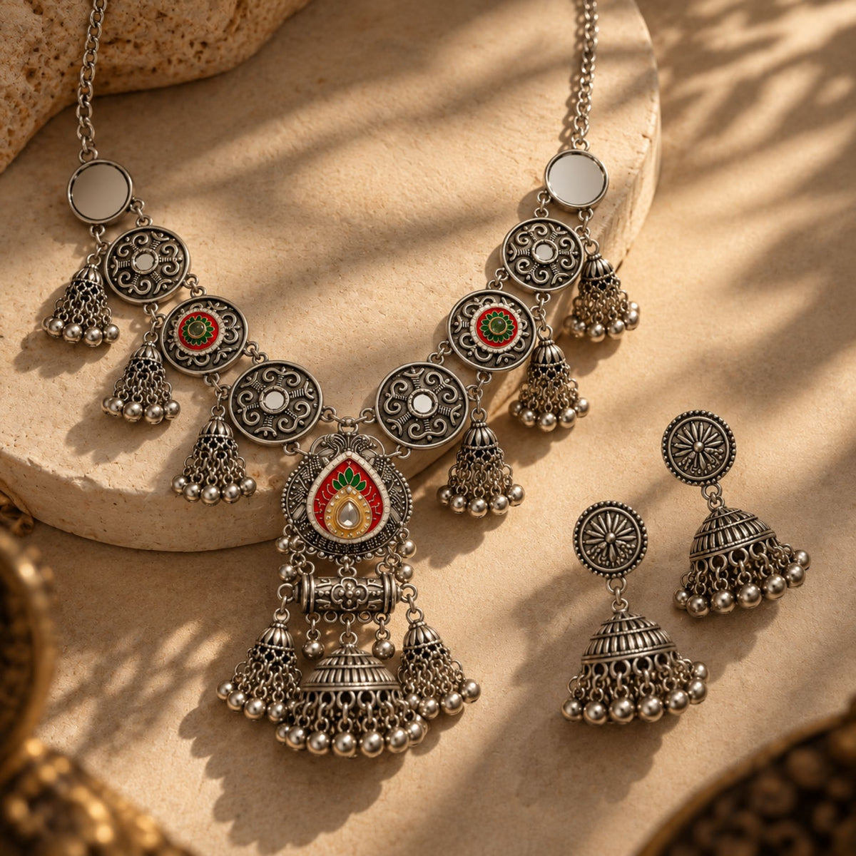 Navratri Multicolour Jhumka Oxidised Choker Set - view 3