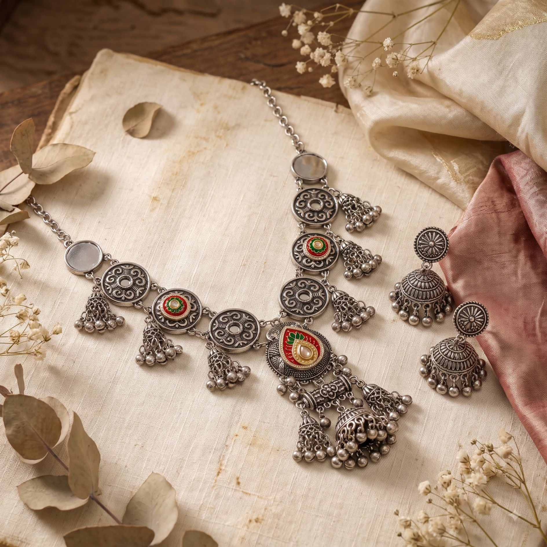 Navratri Multicolour Jhumka Oxidised Choker Set - view 4