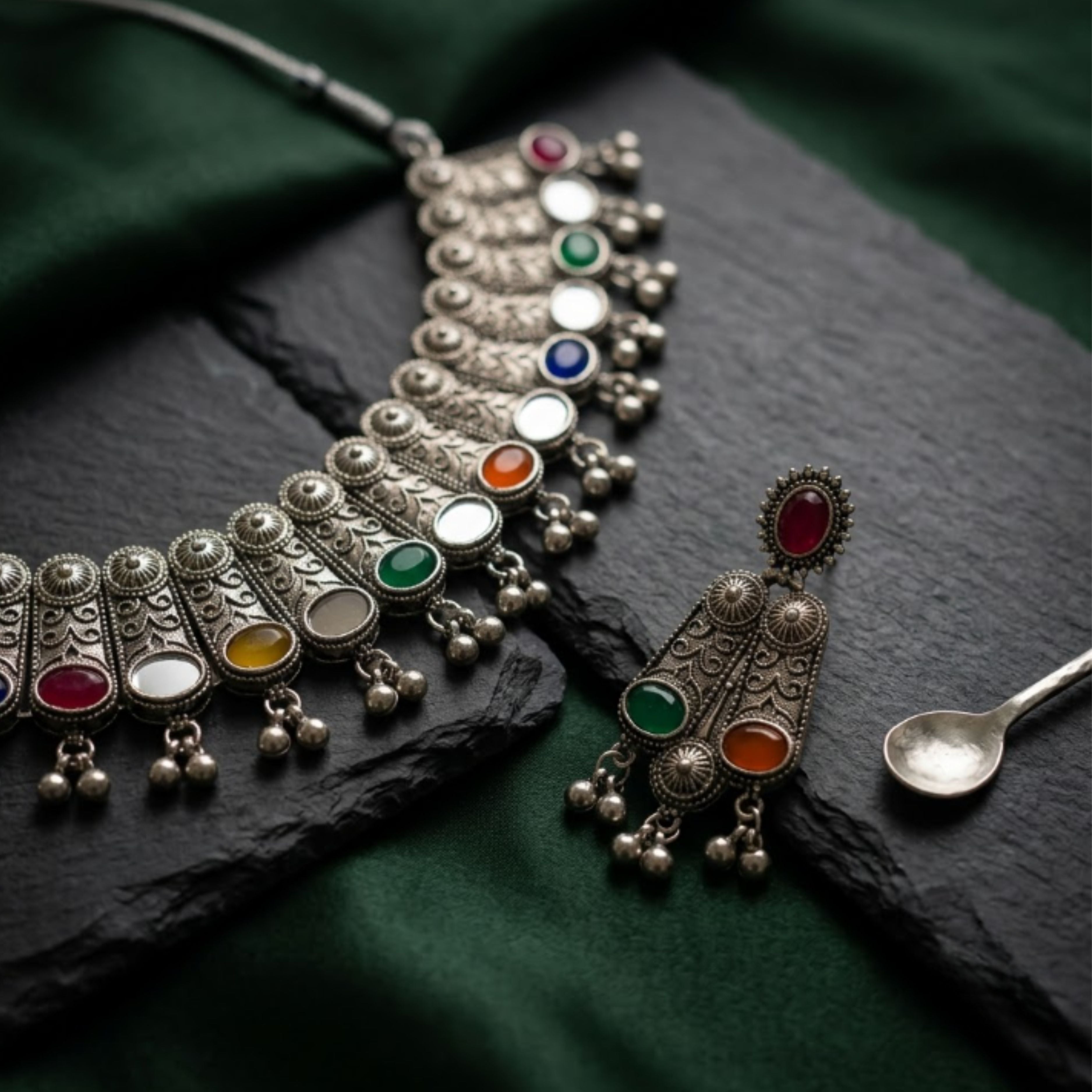 Navratri Navratna Coin Oxidised Choker Set - view 1