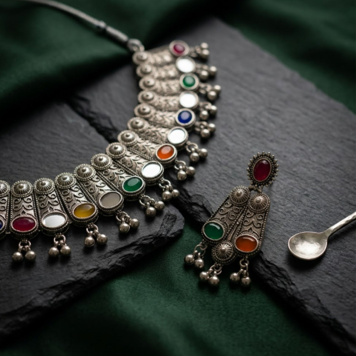 Navratri Navratna Coin Oxidised Choker Set - view 1