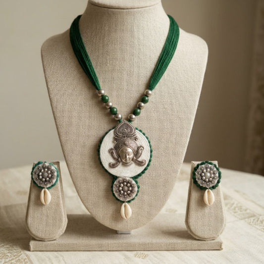 Navratri Ganesha Green Thread Oxidised Necklace Set - view 3