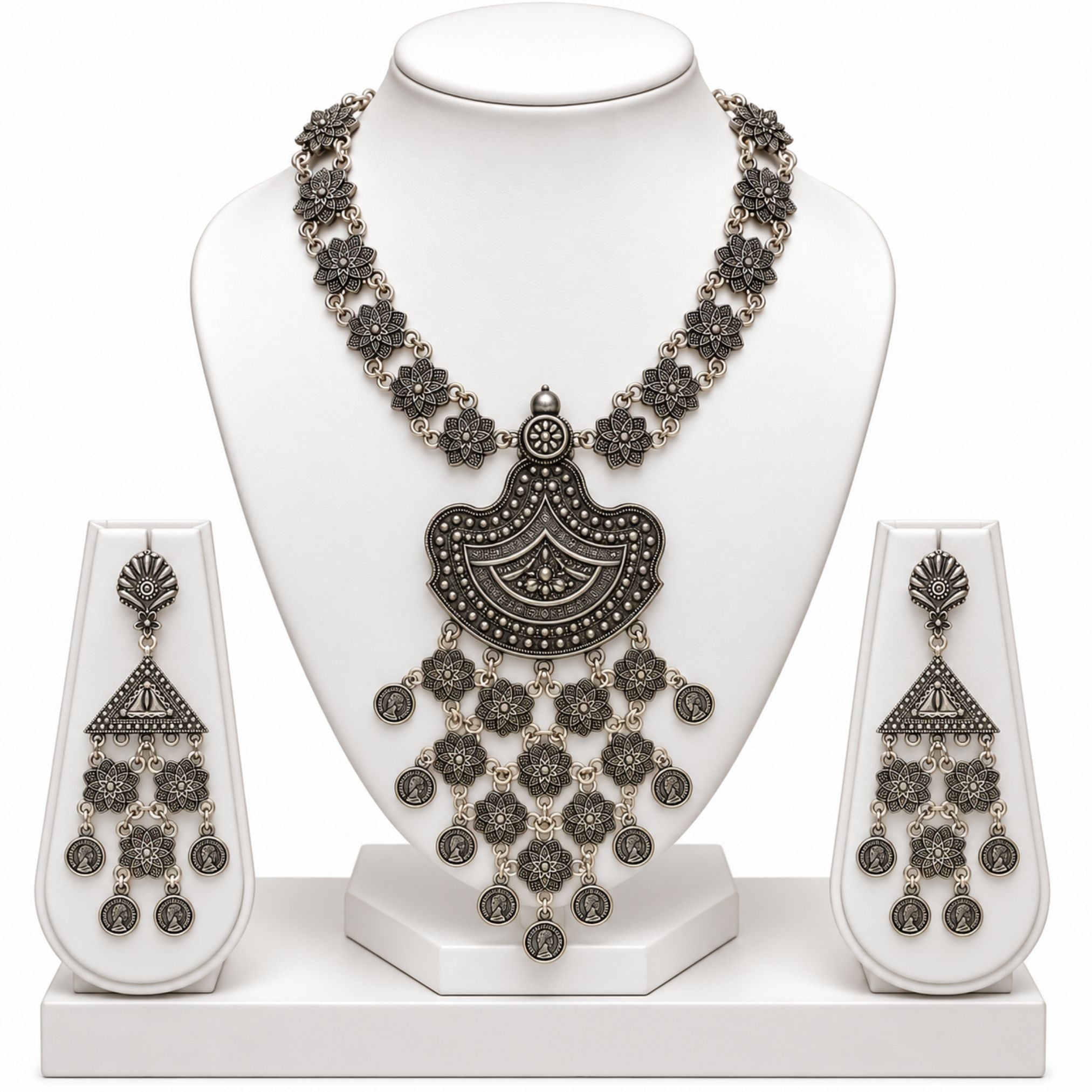 Navratri Tribal Coin Long Oxidised Necklace Set - view 2