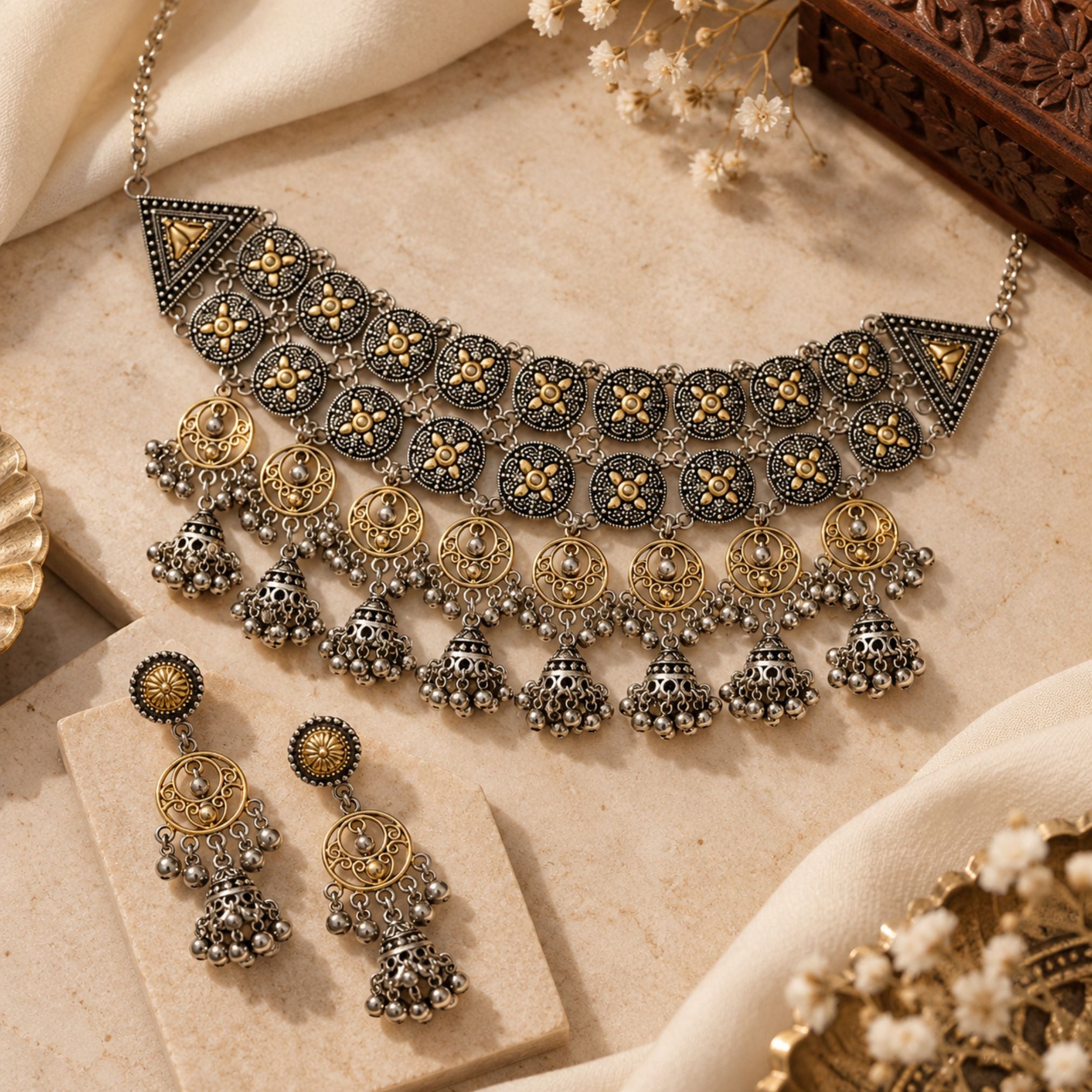Navratri Mirror Medallion Oxidised Choker Set - view 3