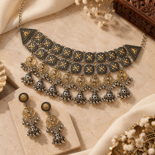 Navratri Mirror Medallion Oxidised Choker Set - view 3