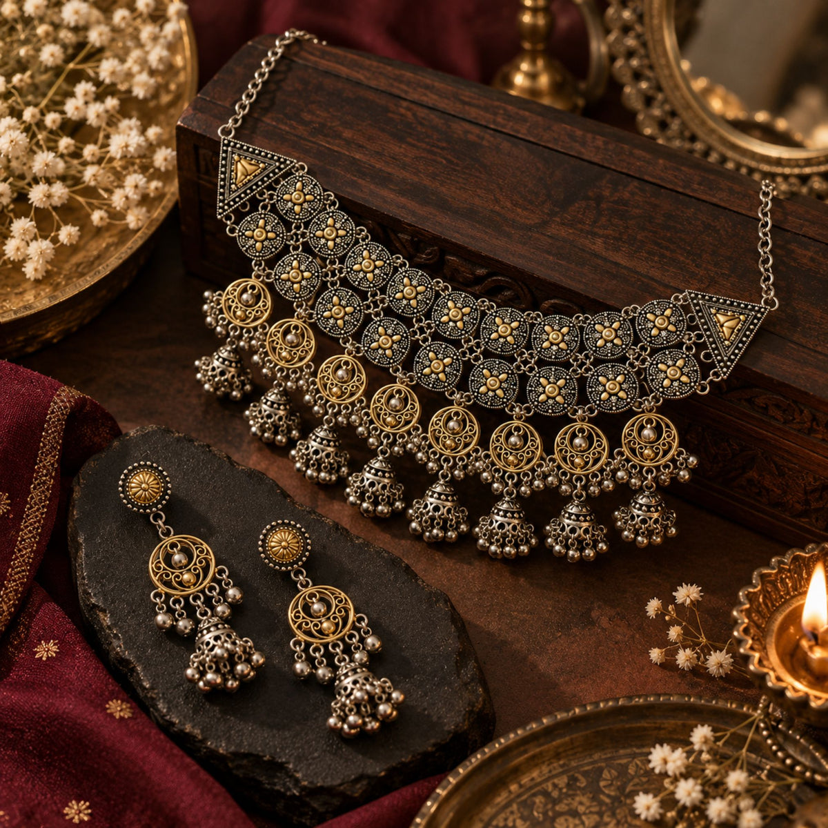 Navratri Mirror Medallion Oxidised Choker Set - view 4