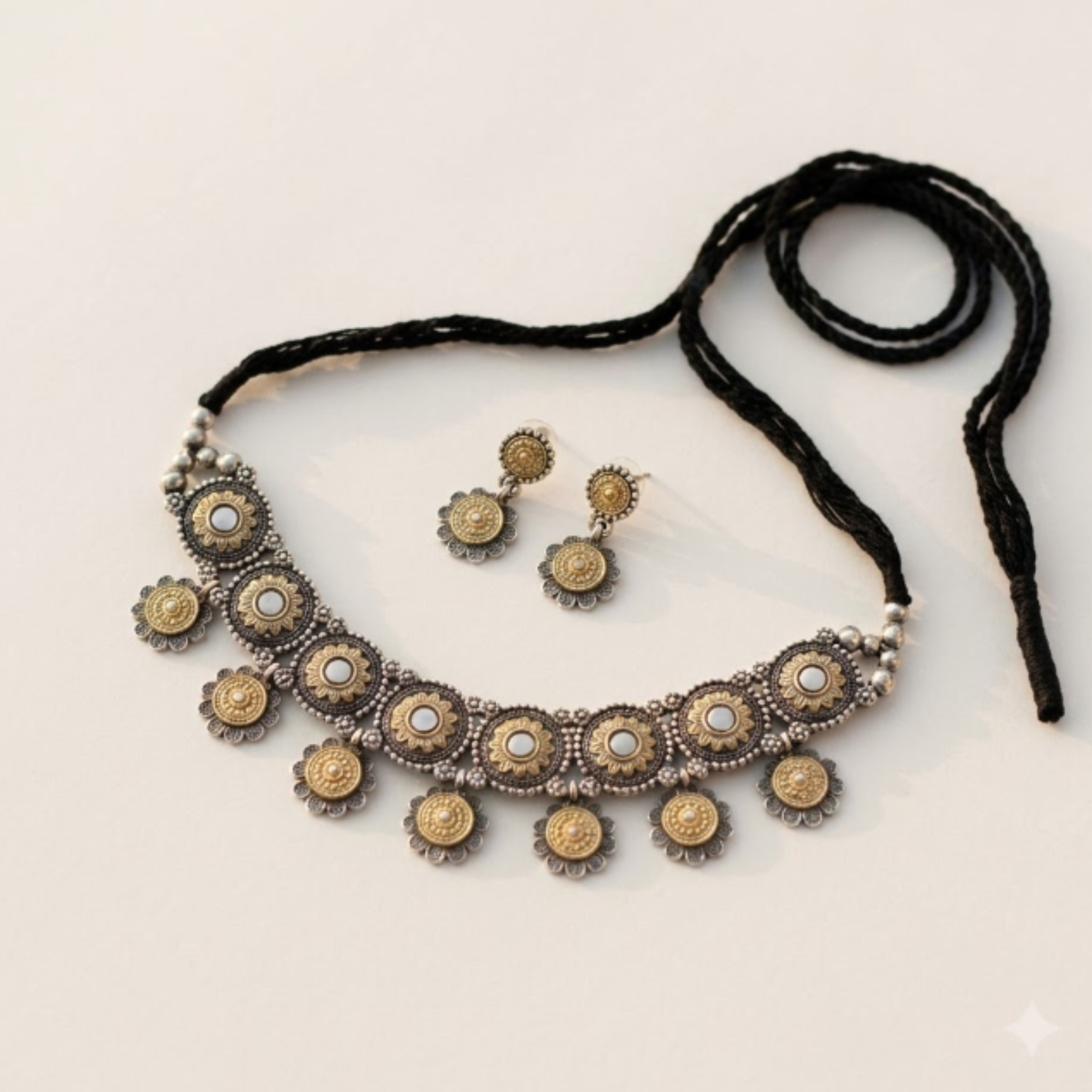 Navratri Black Thread Floral Oxidised Choker Set - view 2