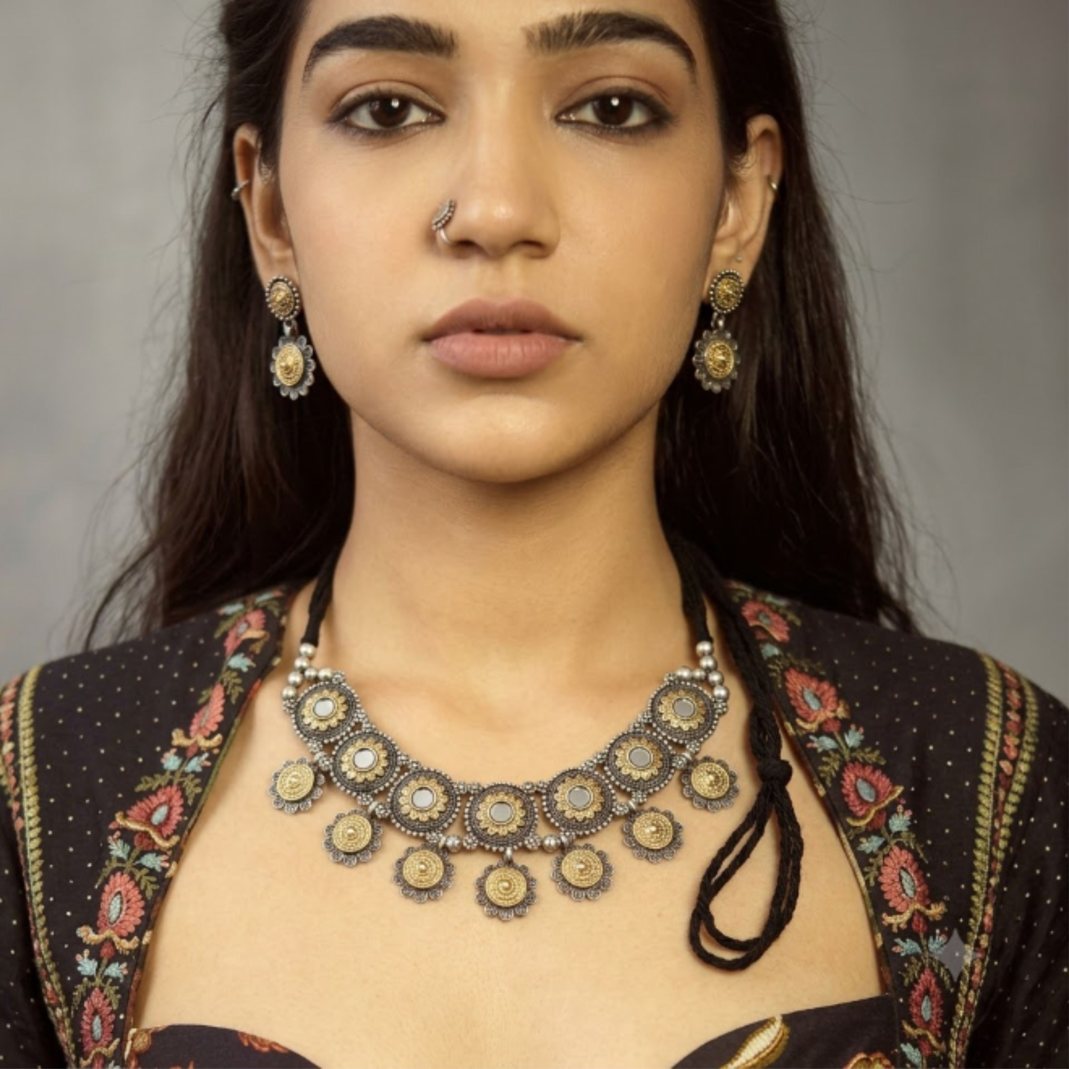 Navratri Black Thread Floral Oxidised Choker Set - view 6