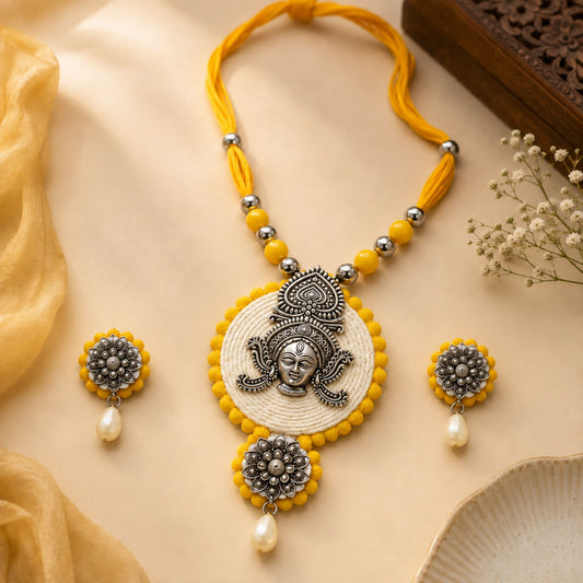 Navratri Yellow Bead Sun Oxidised Pendant Set - view 4