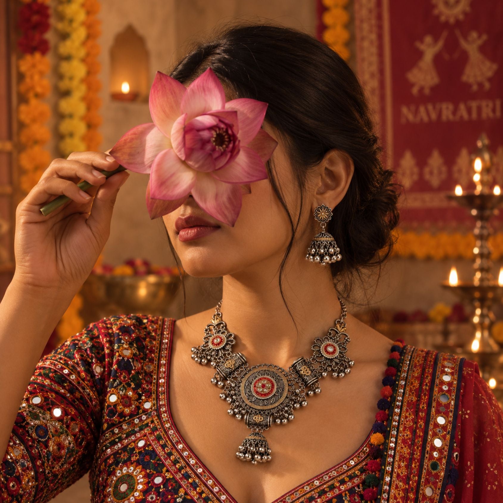 Navratri Multicolour Tribal Oxidised Choker Set - view 1