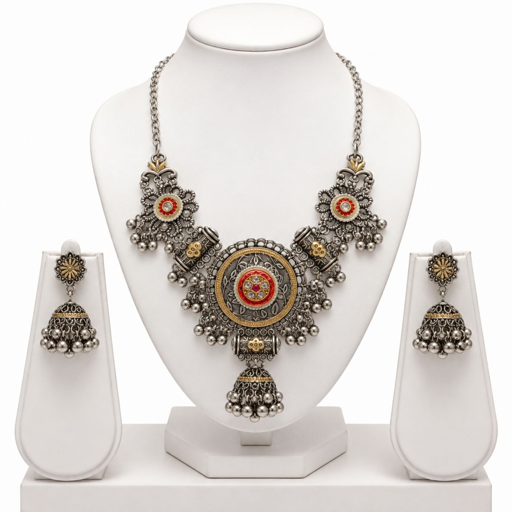Navratri Multicolour Tribal Oxidised Choker Set - view 2