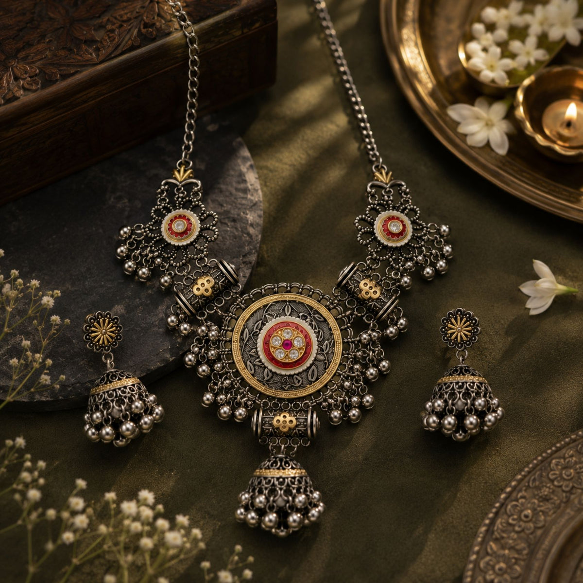Navratri Multicolour Tribal Oxidised Choker Set - view 3