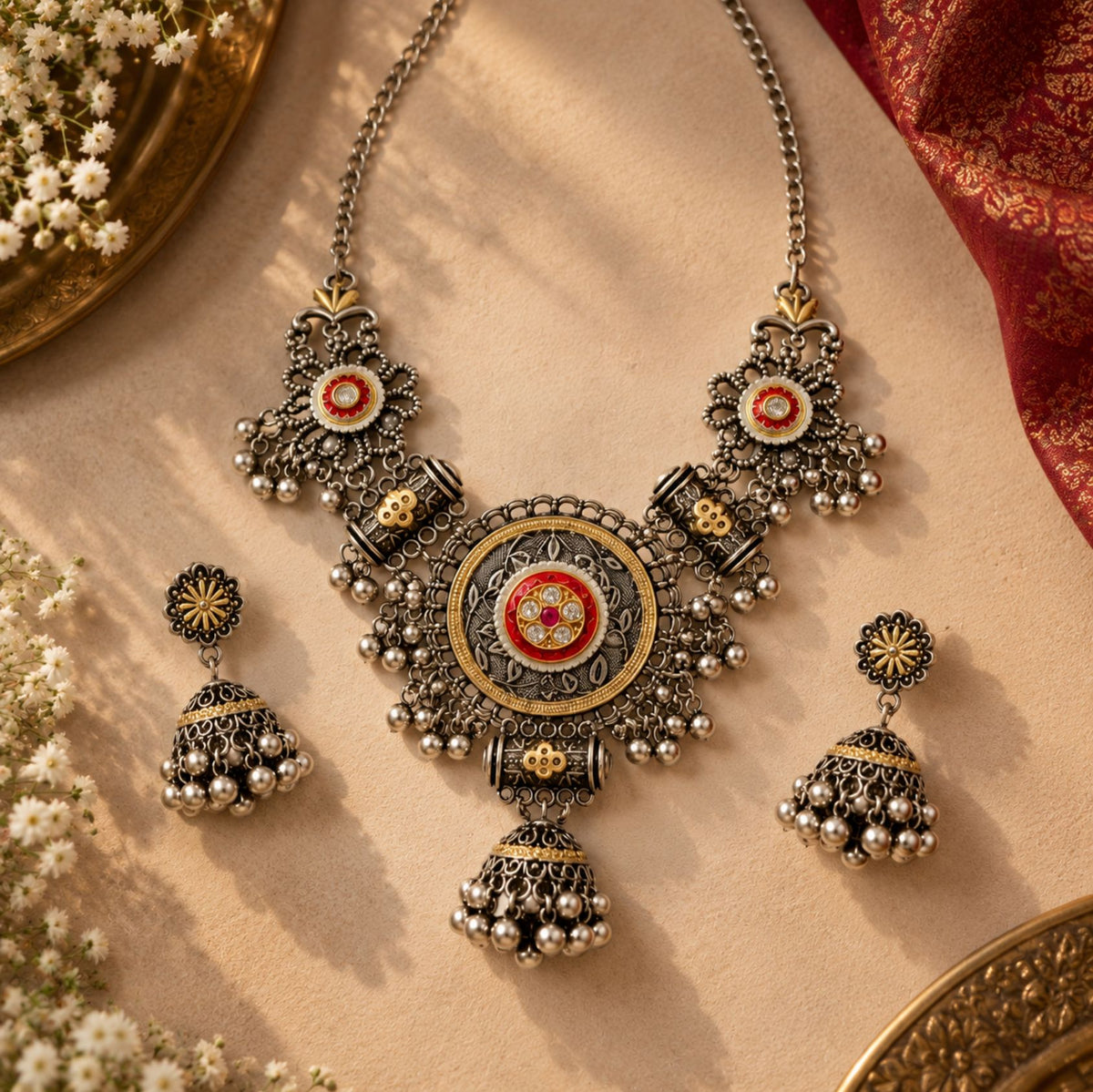Navratri Multicolour Tribal Oxidised Choker Set - view 4
