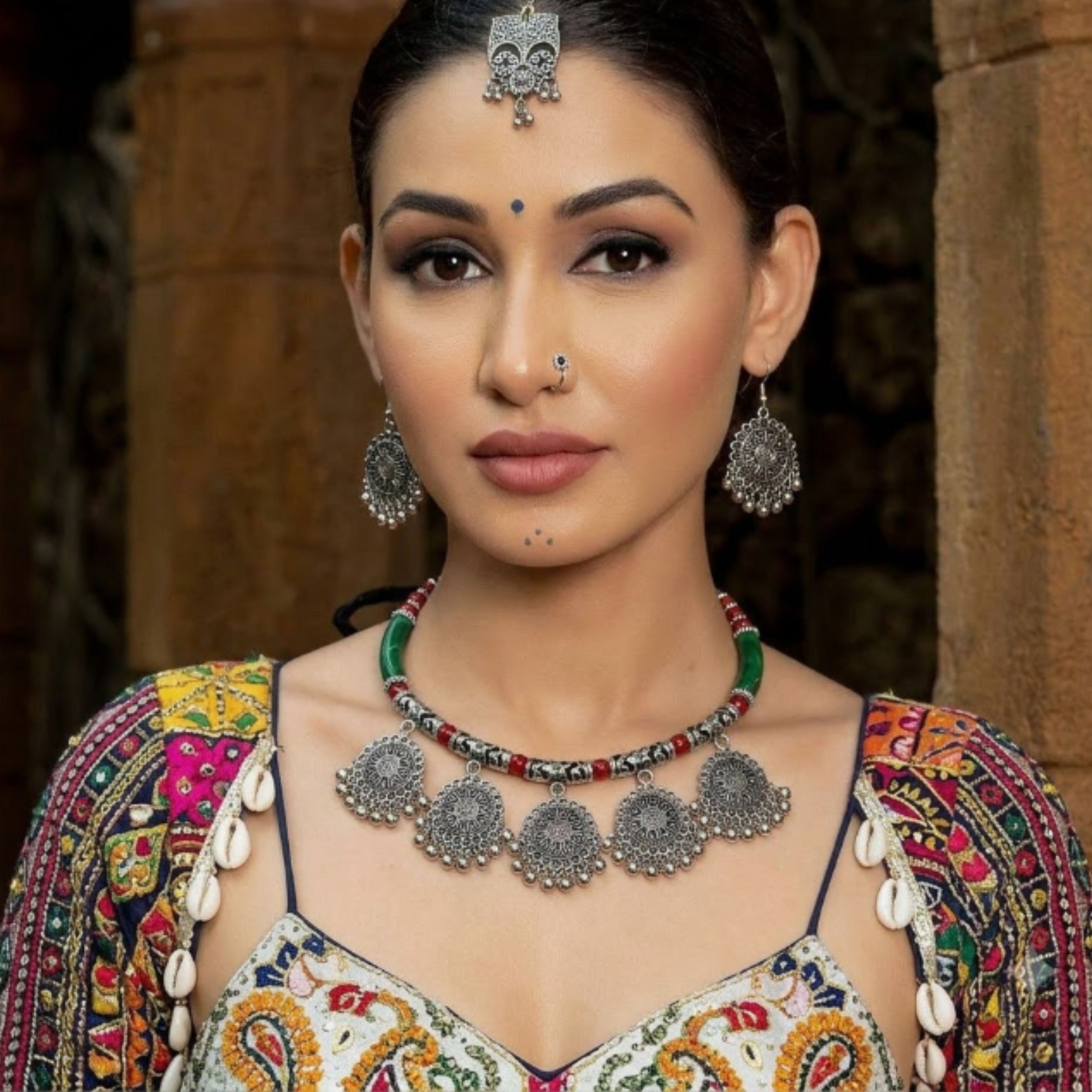 Navratri Green Bead Coin Oxidised Necklace Set - view 4