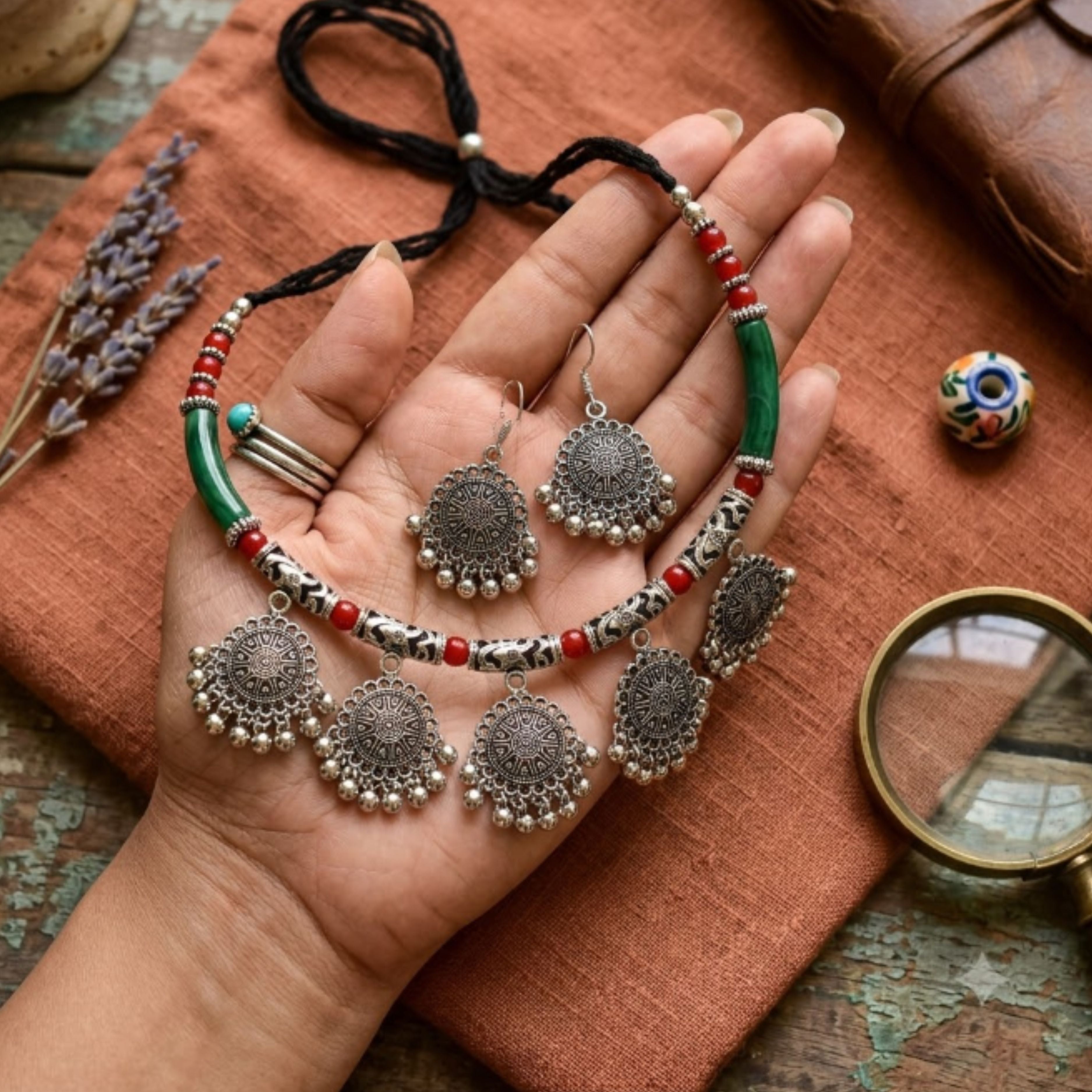 Navratri Green Bead Coin Oxidised Necklace Set - view 5
