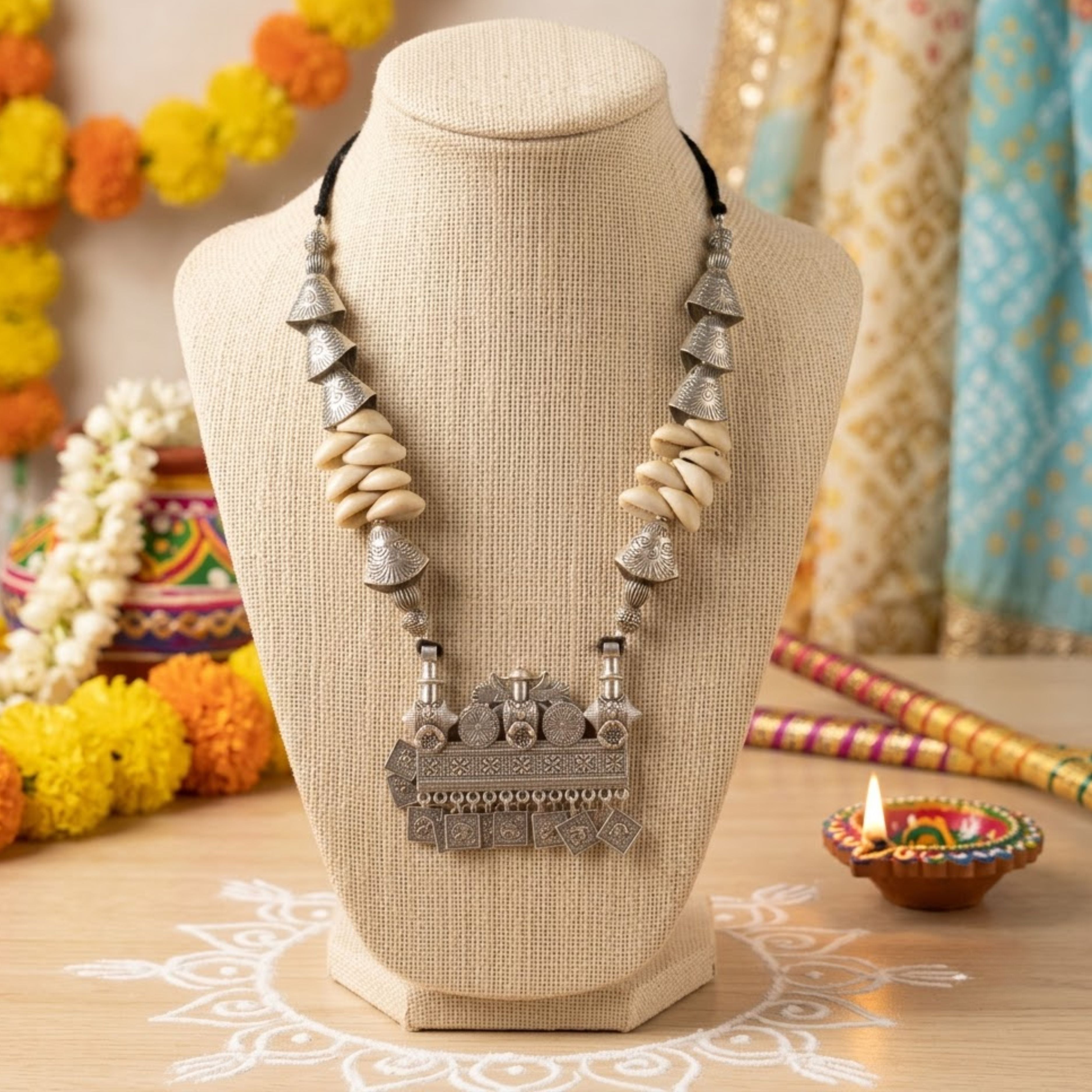 Navratri Geometric Bead Oxidised Necklace Set - view 3