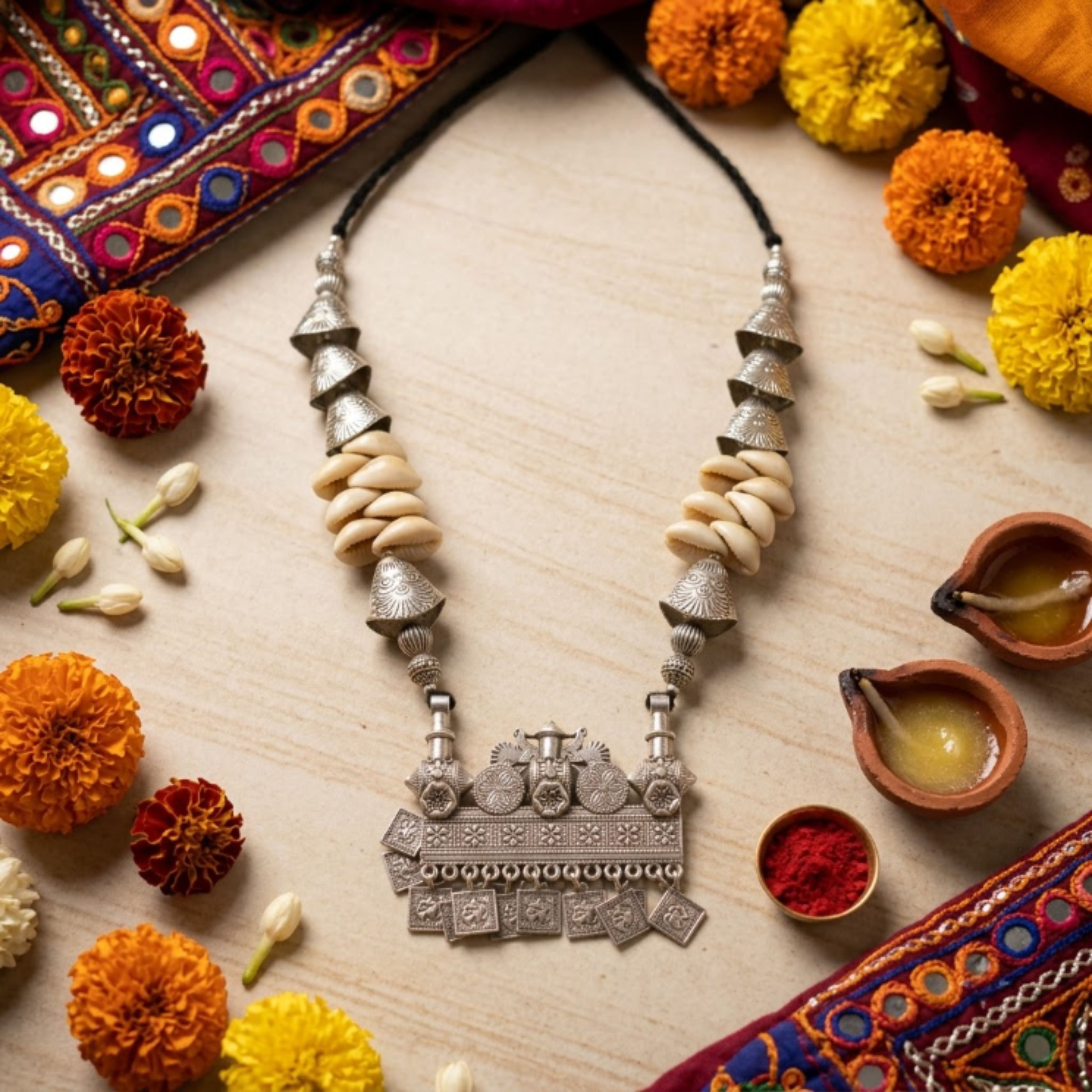 Navratri Geometric Bead Oxidised Necklace Set - view 5
