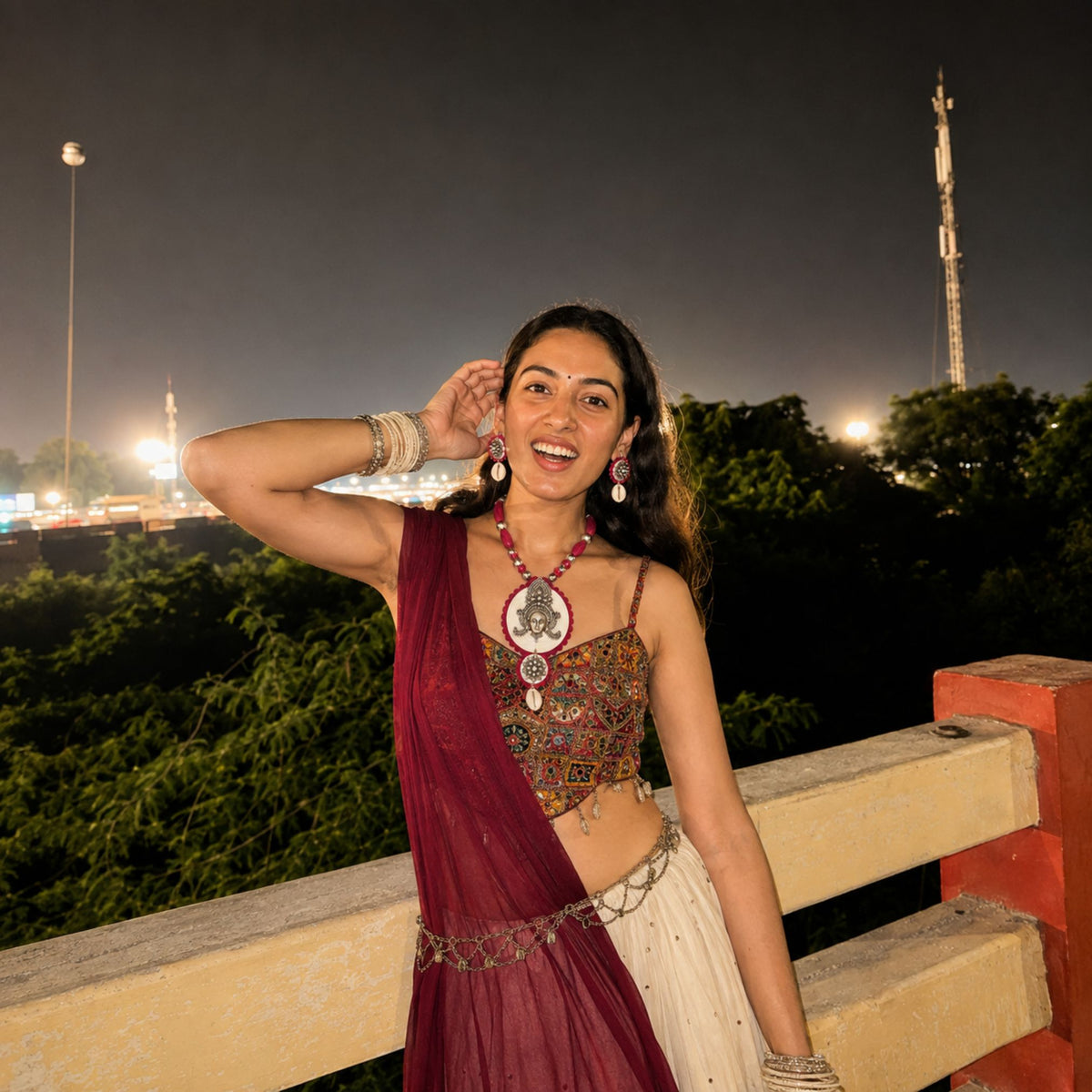 Navratri Round Pendant Oxidised Necklace Set - view 1