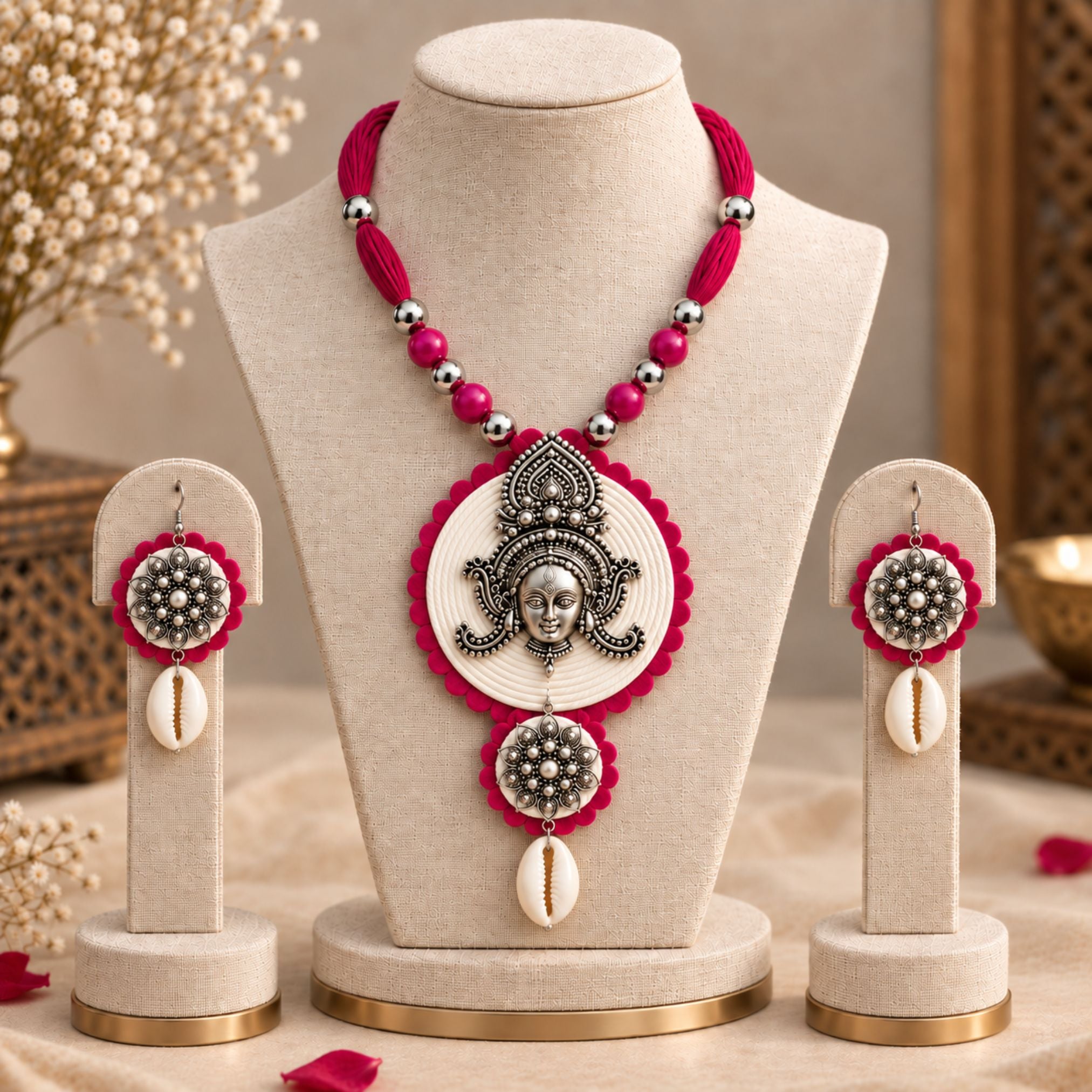 Navratri Round Pendant Oxidised Necklace Set - view 2