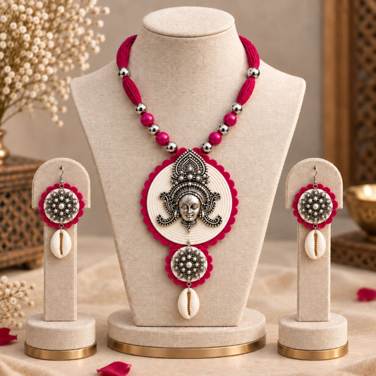 Navratri Round Pendant Oxidised Necklace Set - view 2