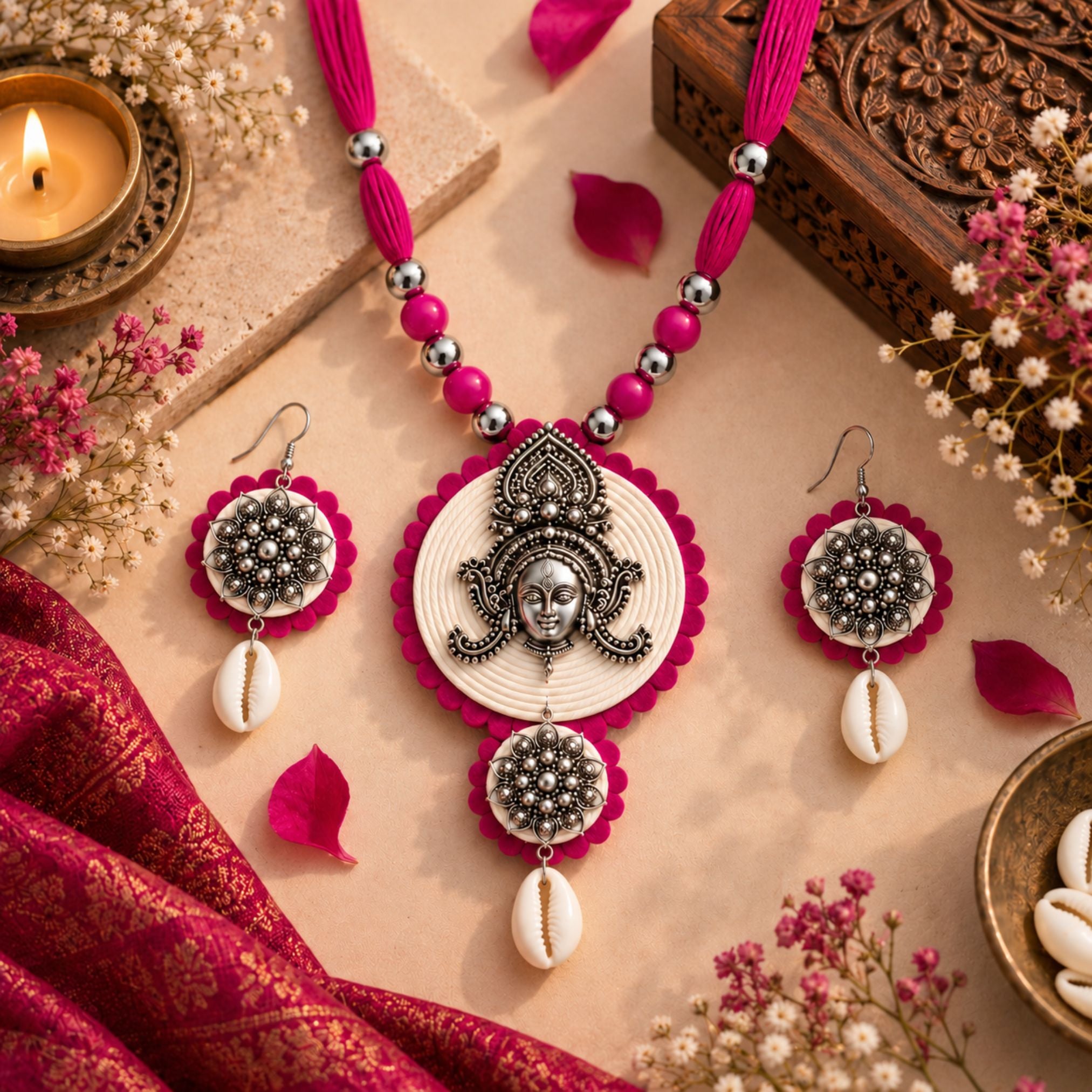 Navratri Round Pendant Oxidised Necklace Set - view 3