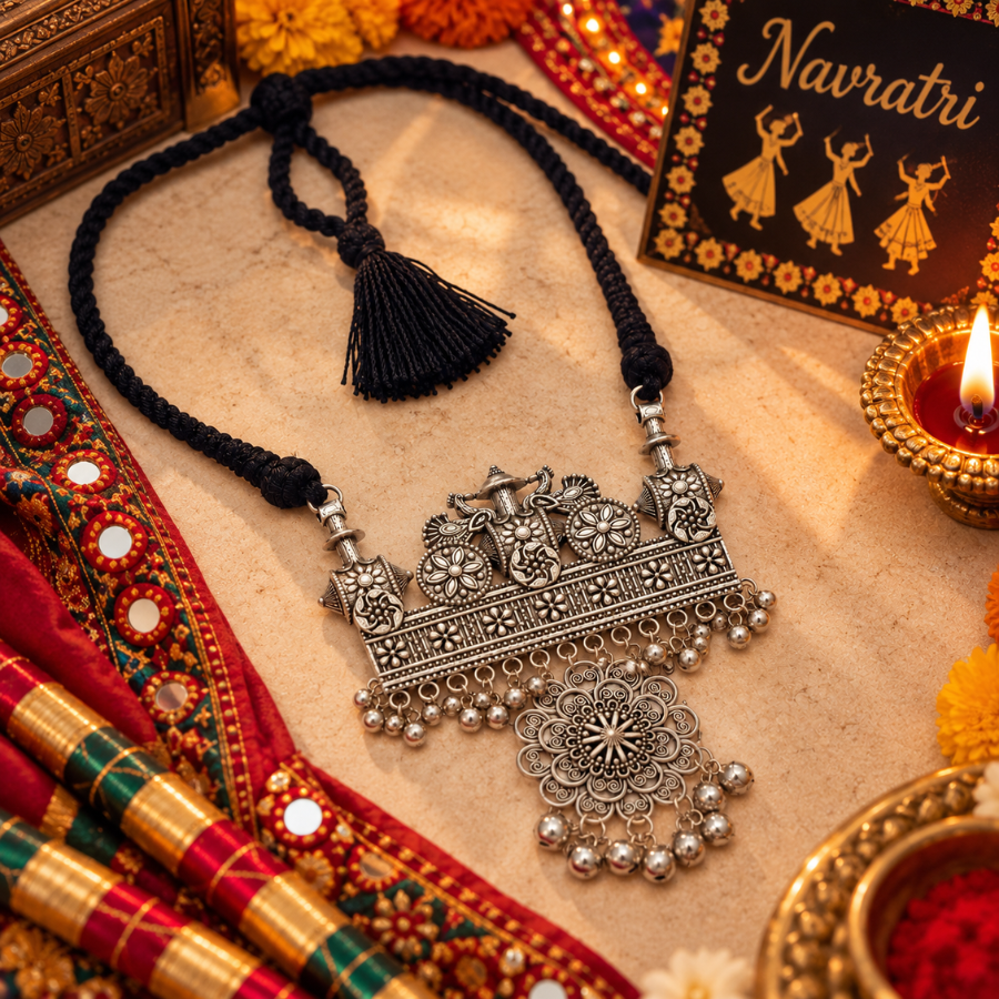 Rajwadi Jharokha Black Dori Oxidised Necklace - image 3