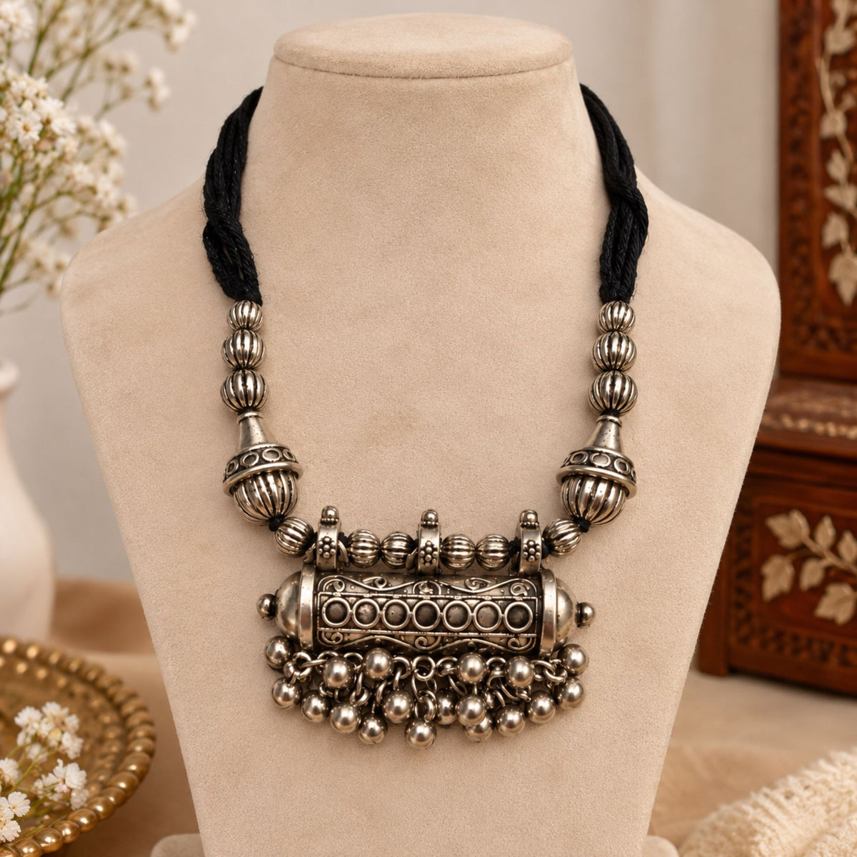 Phool Dholki Ghughri Black Dori Necklace - image 3