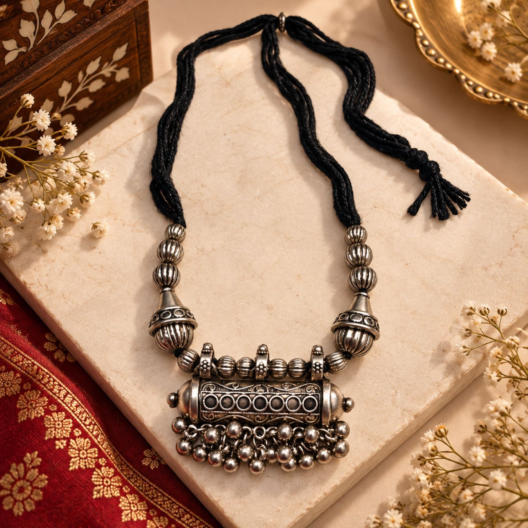 Phool Dholki Ghughri Black Dori Necklace - image 5