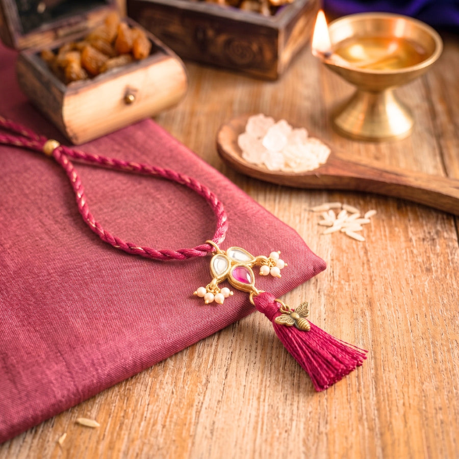 Pink Mirror Tassel Designer Lumba Rakhi