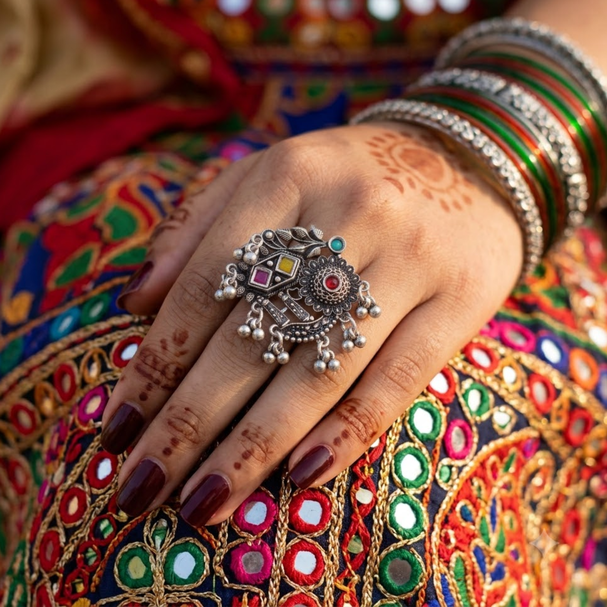 Navrang Mor Phool Oxidised Ghughri Ring - image 2