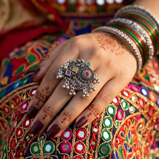 Navrang Mor Phool Oxidised Ghughri Ring - image 2