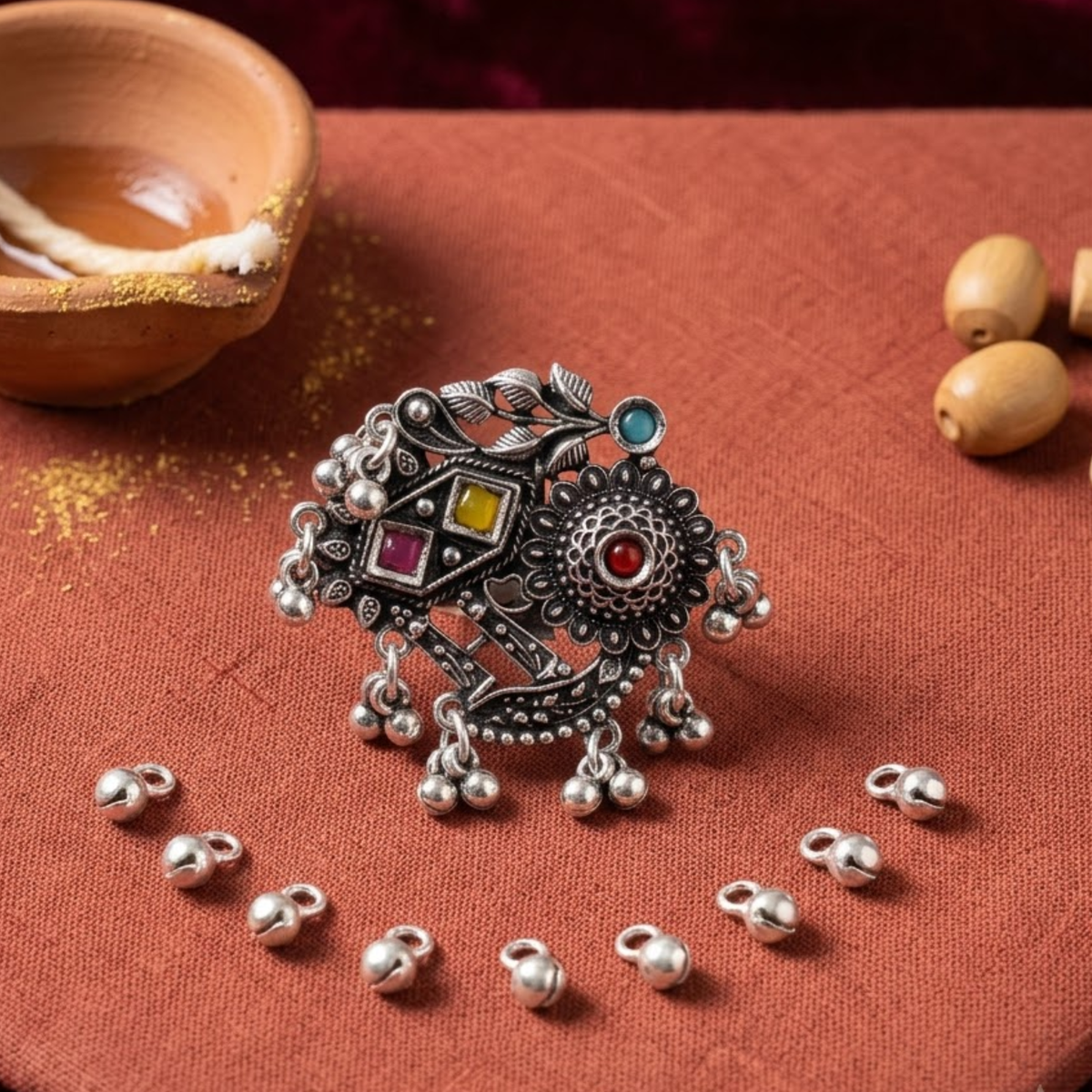 Navrang Mor Phool Oxidised Ghughri Ring - image 5